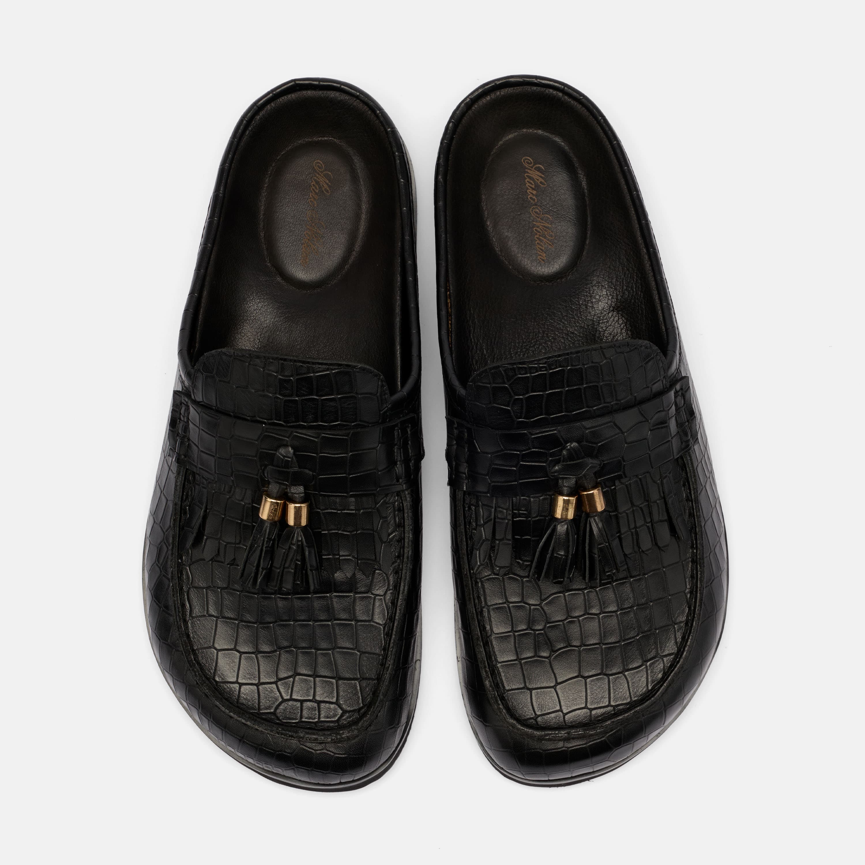 Hampton Black Crocskin Leather Tassel Mules - Image 5