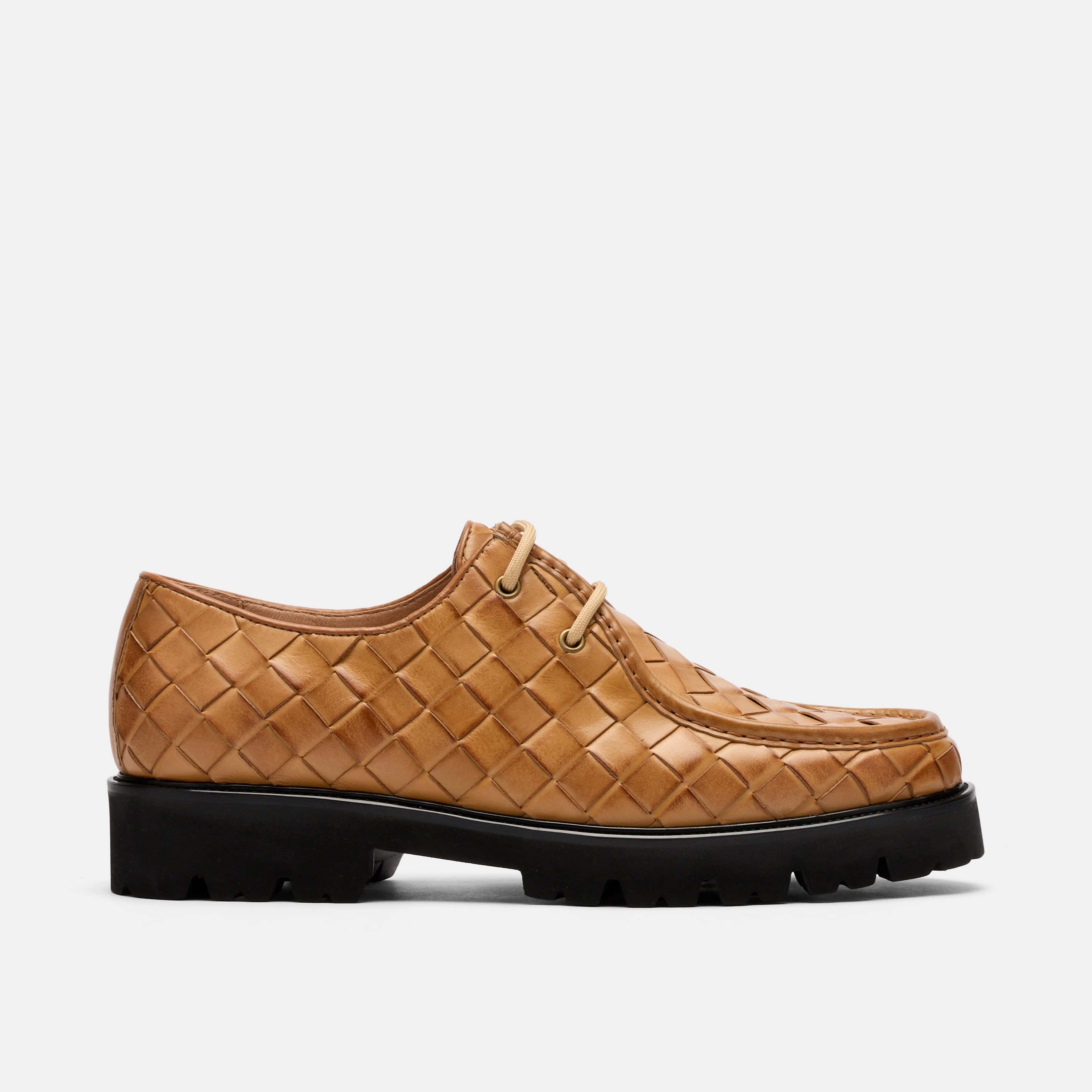 Montana Camel Woven Leather Moc Toe Derbys