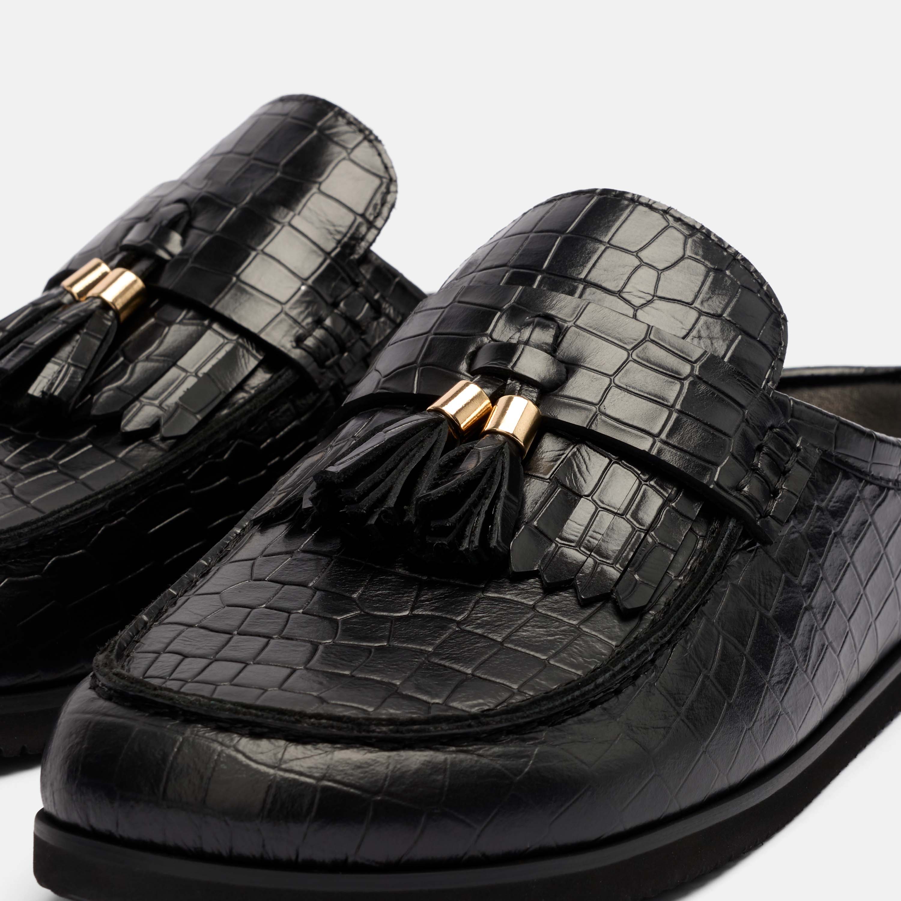 Ms. Hampton Black Crocskin Leather Tassel Mules - Image 3