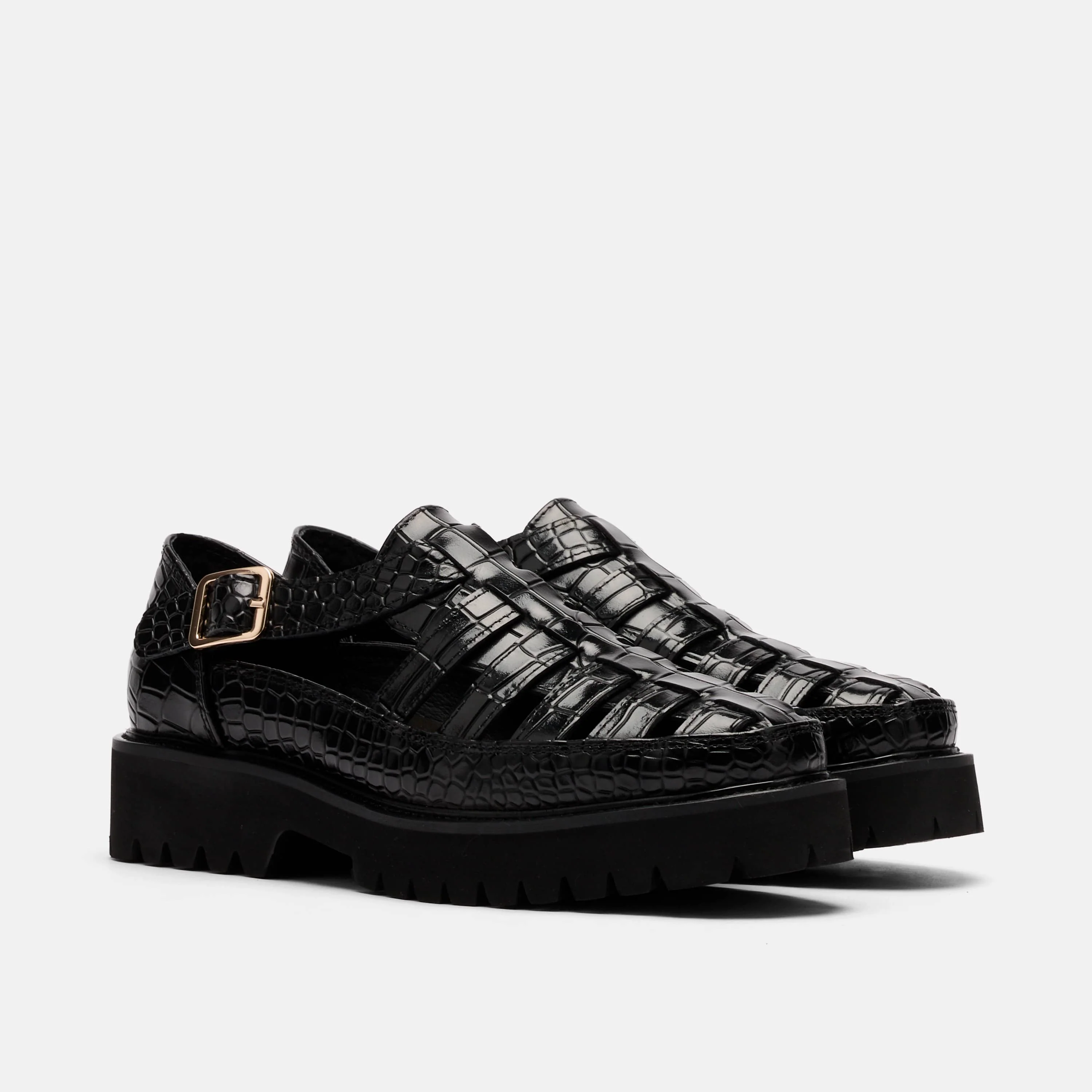 Ms. Magellan Black Crocskin Leather Lug Fisherman Sandals - Image 2