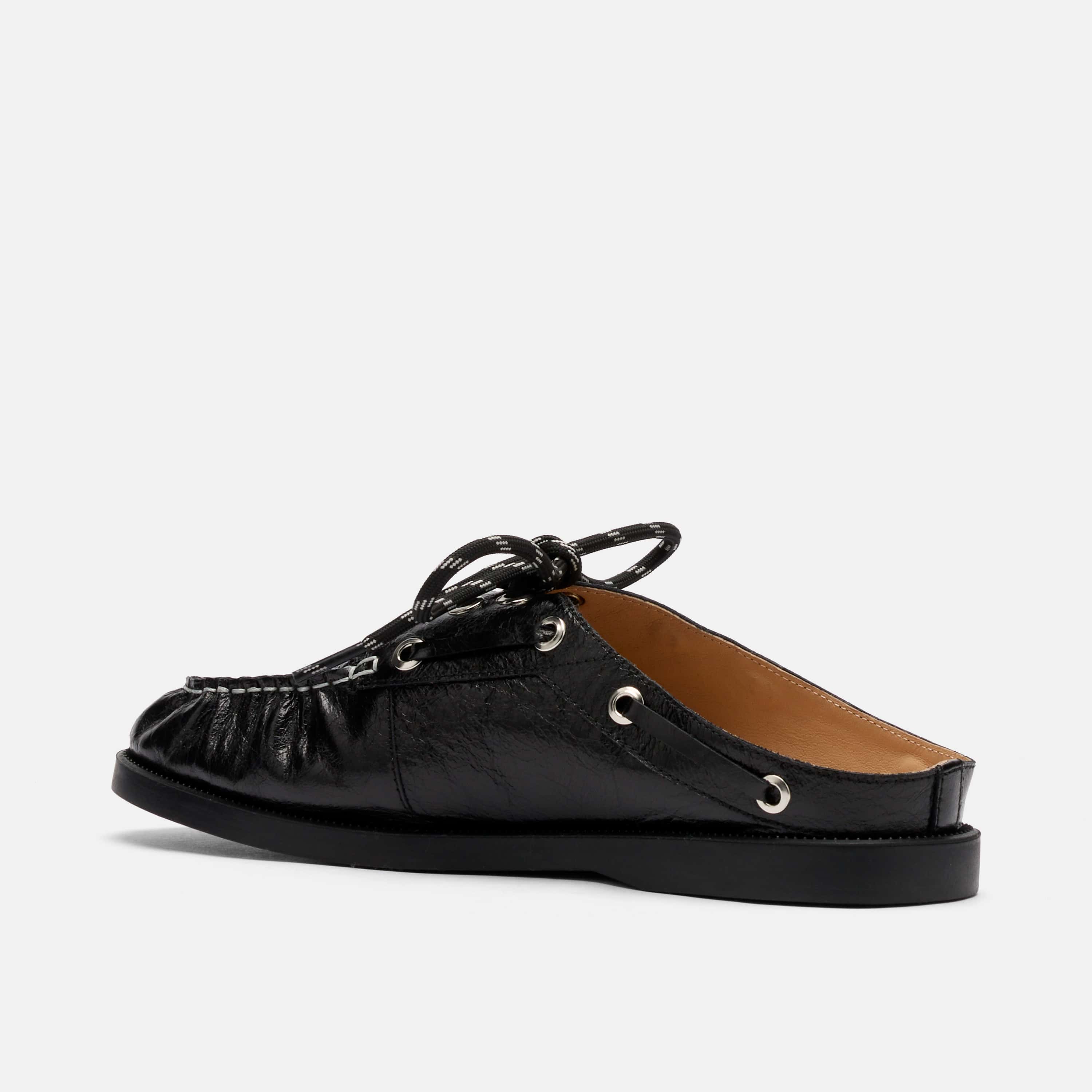Selene Black Pleated Leather Boat Shoe Mules - Image 4