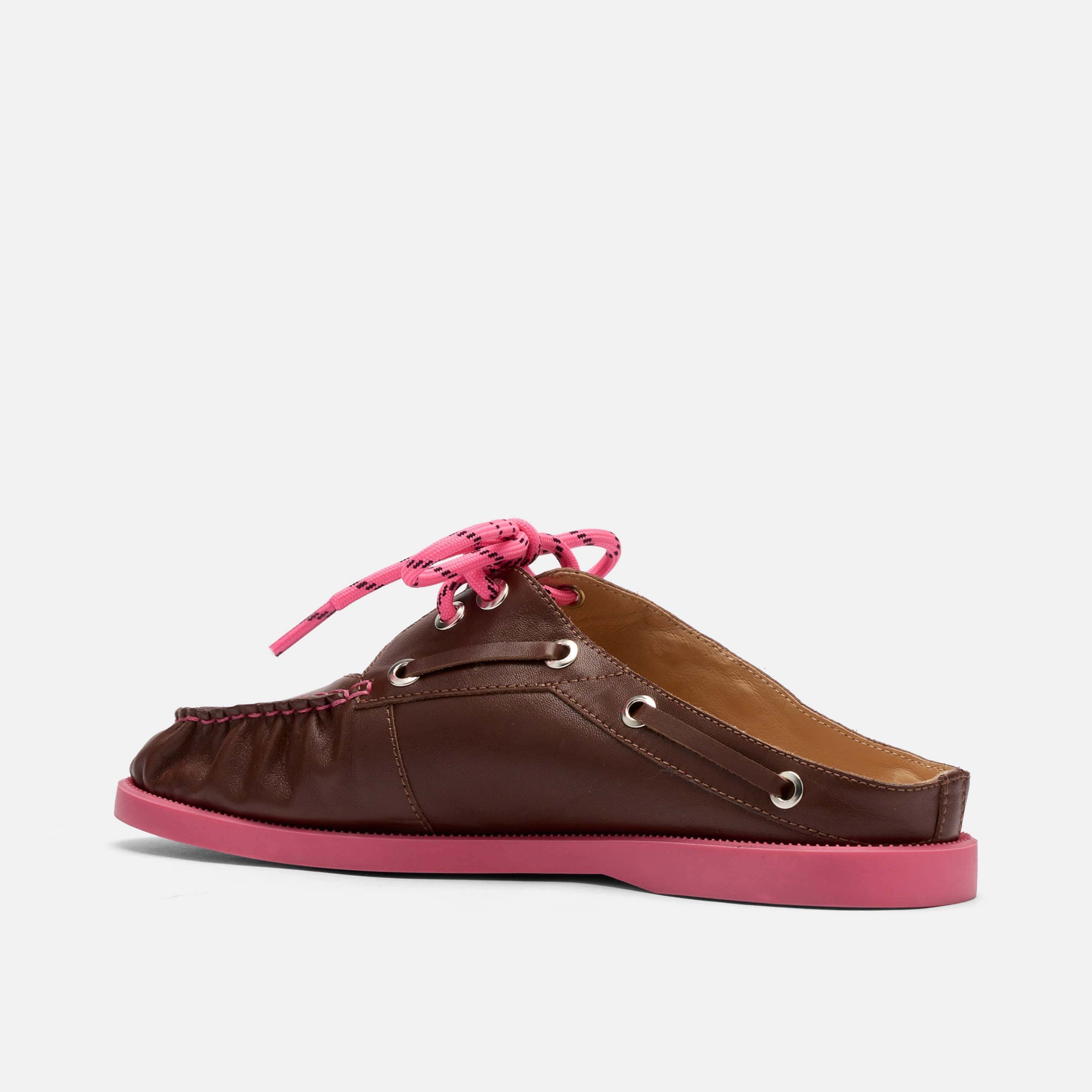 Selene Brown/Pink Pleated Leather Boat Shoe Mules - Image 4