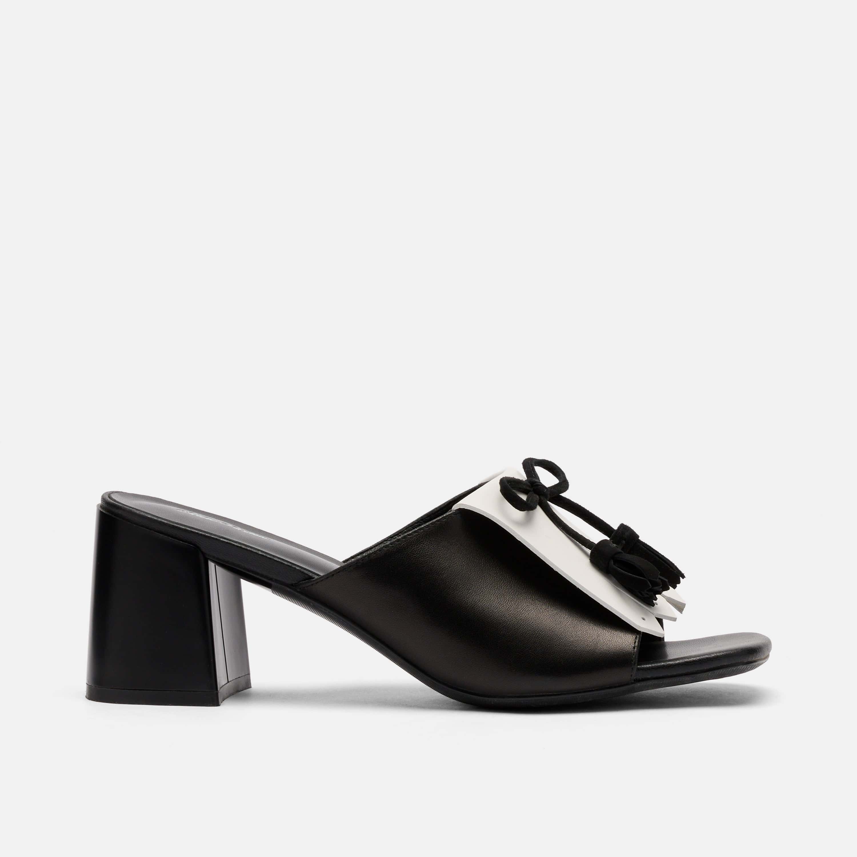 Sienna Black/White Leather Tassel Block Pumps