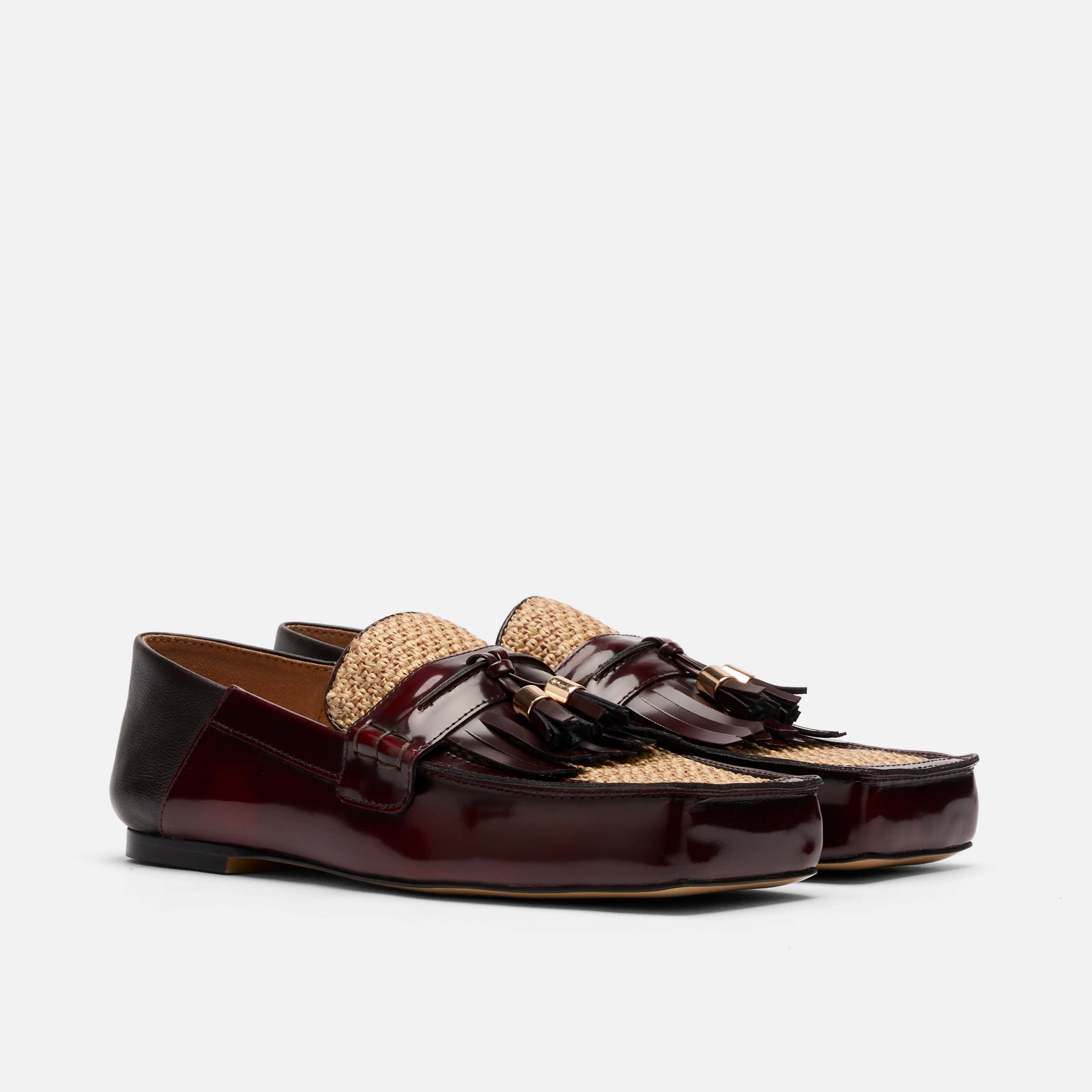 Simone Burgundy/Raffia Patent Leather Tassel Loafers - Image 2
